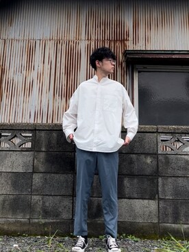 「U.S. POLO ASSN.（ユーエスポロアッスン）のU.S. POLO ASSN. /ユーエスポロアッスン 別注 ワンポイント刺繍ロゴ オーバーサイズ L/S バンドカラーブロード/デニム シャツ（シャツ/ブラウス、ホワイト系）」を使った、keさん（メンズ・166cm）の春コーディネート