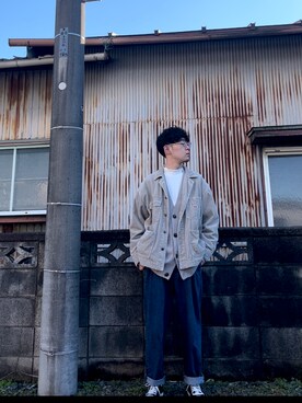 「epnok（エプノック）のアイテム（カーディガン/ボレロ、グレー系）」を使った、keさん（メンズ・166cm）の冬コーディネート