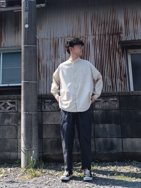 「U.S. POLO ASSN.（ユーエスポロアッスン）のU.S. POLO ASSN. /ユーエスポロアッスン 別注 ワンポイント刺繍ロゴ オーバーサイズ L/S バンドカラーブロード/デニム シャツ（シャツ/ブラウス、ベージュ系）」を使った、keさん（メンズ・166cm）の春コーディネート