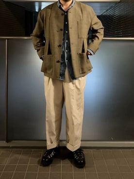 「アイテム（ノーカラージャケット）」を使った、ふーがさん（メンズ・172cm）の秋コーディネート