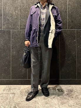 「巾着バッグ」｜「アイテム（モカシン/デッキシューズ）」を使った、ふーがさん（メンズ・172cm）の秋コーディネート