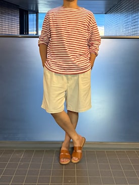 「lechoppeのアイテム（Tシャツ/カットソー、レッド系）」を使った、ふーがさん（メンズ・172cm）の秋コーディネート