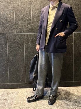 「ビットローファー」｜「アイテム（スラックス）」を使った、ふーがさん（メンズ・172cm）の夏コーディネート