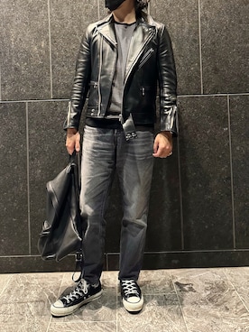 「オールスター」｜「アイテム（ライダースジャケット）」を使った、ふーがさん（メンズ・172cm）の秋コーディネート