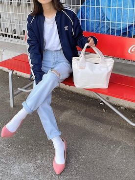 「詳細はInstagram」｜「アイテム（ジャージ）」を使った、amoriaさん（レディース・152cm）の春コーディネート