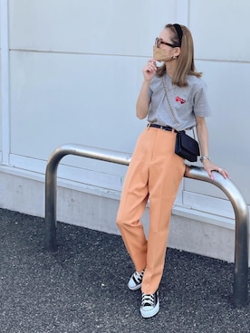 「詳細はInstagram」｜「アイテム（スラックス）」を使った、amoriaさん（レディース・152cm）の春コーディネート
