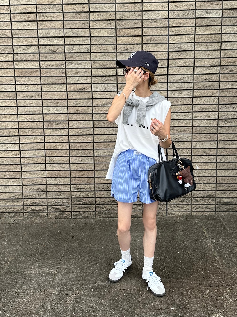 「フレンチスリーブ、ストライプパンツ、ショートパンツ、少年コーデ、詳細はInstagram」｜「ANAPのストライプ イージショートパンツ（その他パンツ、ブルー系）」を使った、amoriaさん（レディース・152cm）の夏コーディネートの1枚目の写真