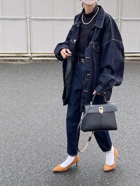「詳細はInstagram」｜「アイテム（デニムジャケット）」を使った、amoriaさん（レディース・152cm）の冬コーディネート