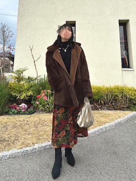 「花柄スカート」｜「アイテム（その他アウター）」を使った、あっかんさん（レディース・158cm）の冬コーディネート