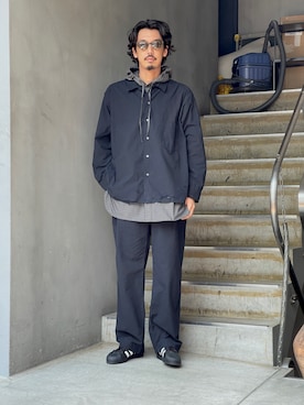 「Toironier（トワロニエ）のToironier/トワロニエ/HOODED SHIRTS（シャツ/ブラウス、ブラック系）」を使った、野田崇太郎 GARDEN渋谷さん（メンズ・183cm）の夏コーディネート