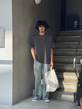 「The Make Happy Studio（ザメイクハッピーストゥディオ）のThe Make Happy Studio/ザメイクハッピーストゥディオ/CREWNECK PIGMENT TEE（Tシャツ/カットソー、イエロー系）」を使った、野田崇太郎 GARDEN渋谷さん（メンズ・183cm）の夏コーディネート
