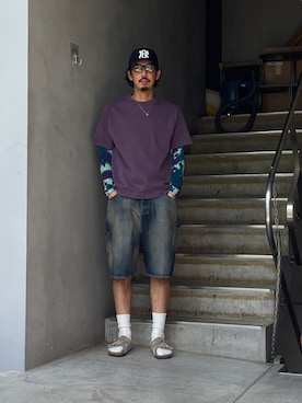 「The Make Happy Studio（ザメイクハッピーストゥディオ）のThe Make Happy Studio/ザメイクハッピーストゥディオ/CREWNECK PIGMENT TEE（Tシャツ/カットソー、イエロー系）」を使った、野田崇太郎 GARDEN渋谷さん（メンズ・183cm）の夏コーディネート