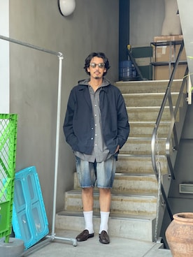「Toironier（トワロニエ）のToironier/トワロニエ/HOODED SHIRTS（シャツ/ブラウス、ブラック系）」を使った、野田崇太郎 GARDEN渋谷さん（メンズ・183cm）の夏コーディネート
