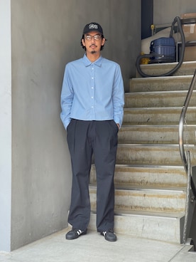 「Toironier（トワロニエ）のToironier/トワロニエ/STRIPE SHORT SHIRTS（シャツ/ブラウス、ブルー系）」を使った、野田崇太郎 GARDEN渋谷さん（メンズ・183cm）の夏コーディネート