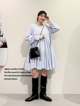 「KBF（ケイビーエフ）の2WAYボリュームヘムミニワンピース（ワンピース、ブルー系）」を使った、nanakaさん（レディース・155cm）の春コーディネート