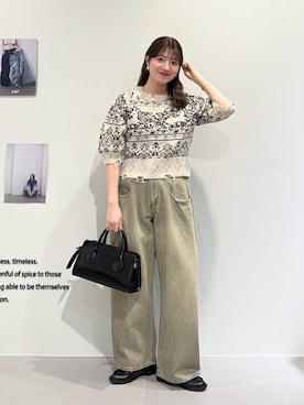 「KBF（ケイビーエフ）のジャガードハーフスリーブニット（ニット/セーター、ベージュ系）」を使った、nanakaさん（レディース・155cm）の春コーディネート