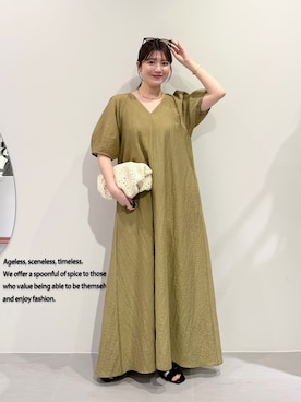 「KBF（ケイビーエフ）の2WAYタックスリーブフレアワンピース（ワンピース、グリーン系）」を使った、nanakaさん（レディース・155cm）の夏コーディネート