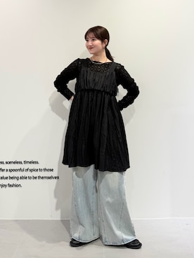 「KBF（ケイビーエフ）のクリンクルミニワンピース（ワンピース、ブラック系）」を使った、nanakaさん（レディース・155cm）の秋コーディネート