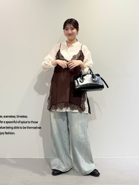 「KBF（ケイビーエフ）の『一部WEB限定カラー』ヴィンテージライクレースキャミソール（キャミソール、ブラウン系）」を使った、nanakaさん（レディース・155cm）の春コーディネート