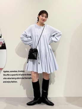 「KBF（ケイビーエフ）の2WAYボリュームヘムミニワンピース（ワンピース、ブルー系）」を使った、nanakaさん（レディース・155cm）の春コーディネート