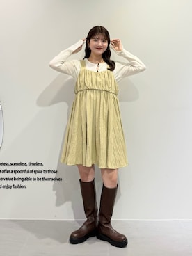 「KBF（ケイビーエフ）のクリンクルミニワンピース（ワンピース、ベージュ系）」を使った、nanakaさん（レディース・155cm）の秋コーディネート