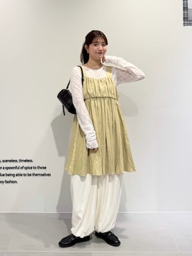 「KBF（ケイビーエフ）のクリンクルミニワンピース（ワンピース、ベージュ系）」を使った、nanakaさん（レディース・155cm）の夏コーディネート