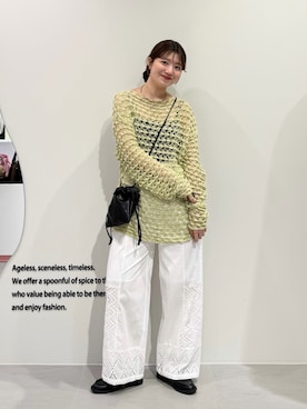 「KBF（ケイビーエフ）のクロシェルーズニット（ニット/セーター、グリーン系）」を使った、nanakaさん（レディース・155cm）の春コーディネート