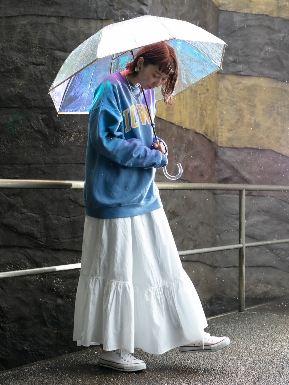 「カジュアル、ワンピース、ママコーデ、おしゃれさんと繋がりたい、スウェット、古着MIX、雨の日コーデ」｜「usedのアイテム（スウェット、ブルー系）」を使った、Lisaさん（レディース・158cm）の冬コーディネートの1枚目の写真