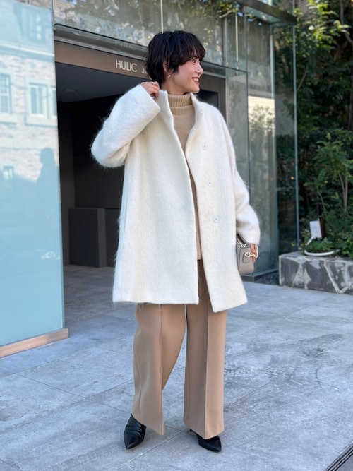 極美品【アナイ】モヘヤ シャギー Vネックノーカラーコート　アイボリー NOLLEY'S レディース アウター モヘヤシャギーPUREMIUMスタンドコート