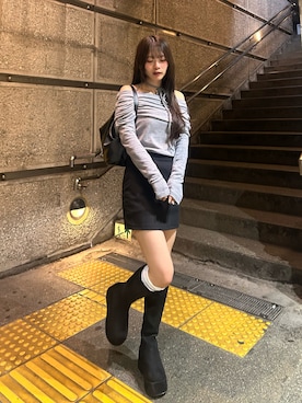 「Shoes in Closet（シューズインクローゼット）の《#防菌》 厚底 プラットフォーム  消臭 ロングブーツ 2644（ブーツ、ブラック系）」を使った、さわち / 小泉 沙和さん（レディース・156cm）の春コーディネート