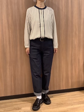 「TOKYO SHIRTS（トウキョウシャツ）のジョーゼット キーネック ブラウス 長袖 レディースデザインシャツ（シャツ/ブラウス、ベージュ系）」を使った、BRICK HOUSE シャツ工房 浜松メイワン店さん（メンズ・182cm）の秋コーディネート