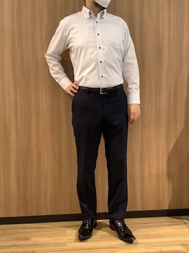 「TOKYO SHIRTS（トウキョウシャツ）の【くまのプーさん】形態安定ノンアイロン ボタンダウン 長袖ビジネスワイシャツ（ビジネスシャツ、グレー系）」を使った、BRICK HOUSE シャツ工房 浜松メイワン店さん（レディース・162cm）の春コーディネート