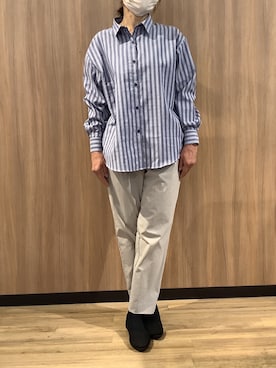 「TOKYO SHIRTS（トウキョウシャツ）の【Pitta Re:)】ふわっとガーゼシャツ ワイドシルエット 長袖 綿100% レディース カジュアルシャツ（シャツ/ブラウス、ブルー系）」を使った、BRICK HOUSE シャツ工房 浜松メイワン店さん（レディース・162cm）の春コーディネート
