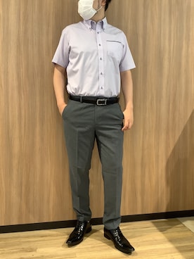 「TOKYO SHIRTS（トウキョウシャツ）の【超形態安定】【吸水速乾】 形態安定ノンアイロン ボタンダウン 半袖ビジネスワイシャツ（ビジネスシャツ、パープル系）」を使った、BRICK HOUSE シャツ工房 浜松メイワン店さん（メンズ・182cm）の夏コーディネート
