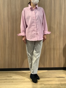「TOKYO SHIRTS（トウキョウシャツ）の【Pitta Re:)】ふわっとガーゼシャツ ワイドシルエット 長袖 綿100% レディース カジュアルシャツ（シャツ/ブラウス、ピンク系）」を使った、BRICK HOUSE シャツ工房 浜松メイワン店さん（レディース・162cm）の春コーディネート