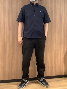 「TOKYO SHIRTS（トウキョウシャツ）のカジュアルシャツ フレンチブルドッグ刺繍 オックスフォードシャツ ボタンダウン 綿100% 半袖 メンズ（ポロシャツ、ブルー系）」を使った、BRICK HOUSE シャツ工房 浜松メイワン店さん（メンズ・182cm）の夏コーディネート