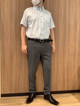 「TOKYO SHIRTS（トウキョウシャツ）の【超形態安定】【吸水速乾】 形態安定ノンアイロン ボタンダウン 半袖ビジネスワイシャツ（ビジネスシャツ、グリーン系）」を使った、BRICK HOUSE シャツ工房 浜松メイワン店さん（メンズ・182cm）の夏コーディネート