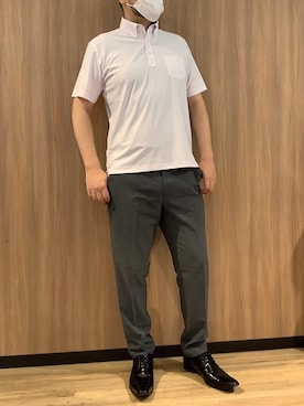 「TOKYO SHIRTS（トウキョウシャツ）のビズポロ ポロシャツ コンフォートドライ 半袖 メンズ（ポロシャツ、ピンク系）」を使った、BRICK HOUSE シャツ工房 浜松メイワン店さん（メンズ・182cm）の夏コーディネート