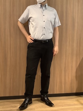 「TOKYO SHIRTS（トウキョウシャツ）の【超形態安定】【吸水速乾】 形態安定ノンアイロン ドゥエボットーニ 半袖ビジネスワイシャツ（ビジネスシャツ、グレー系）」を使った、BRICK HOUSE シャツ工房 浜松メイワン店さん（メンズ・182cm）の夏コーディネート