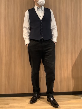 「TOKYO SHIRTS（トウキョウシャツ）の形態安定ノンアイロン ボタンダウン 長袖ビジネスワイシャツ（ビジネスシャツ、グレー系）」を使った、BRICK HOUSE シャツ工房 浜松メイワン店さん（メンズ・182cm）の春コーディネート