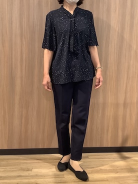 「TOKYO SHIRTS（トウキョウシャツ）の接触冷感 ジョーゼット ボウタイ ブラウス 半袖（シャツ/ブラウス、ブルー系）」を使った、BRICK HOUSE シャツ工房 浜松メイワン店さん（メンズ・182cm）の春コーディネート