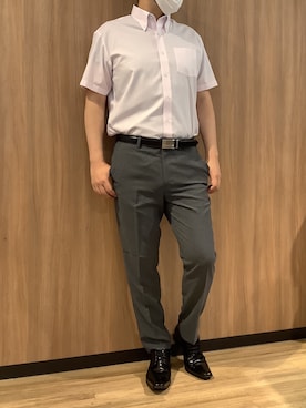 「TOKYO SHIRTS（トウキョウシャツ）の【吸水速乾】 形態安定ノンアイロン ボタンダウン 半袖ビジネスワイシャツ（ビジネスシャツ、ピンク系）」を使った、BRICK HOUSE シャツ工房 浜松メイワン店さん（メンズ・182cm）の夏コーディネート