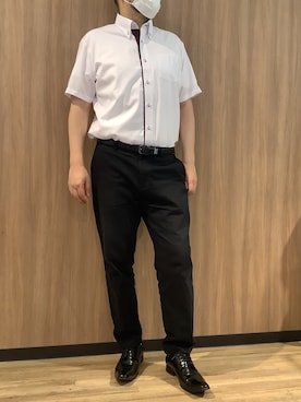 「TOKYO SHIRTS（トウキョウシャツ）の【超形態安定】【吸水速乾】 形態安定ノンアイロン ボタンダウン 半袖ビジネスワイシャツ（ビジネスシャツ、ピンク系）」を使った、BRICK HOUSE シャツ工房 浜松メイワン店さん（メンズ・182cm）の夏コーディネート