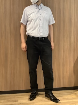 「TOKYO SHIRTS（トウキョウシャツ）の【超形態安定】【吸水速乾】 形態安定ノンアイロン ボタンダウン 半袖ビジネスワイシャツ（ビジネスシャツ、パープル系）」を使った、BRICK HOUSE シャツ工房 浜松メイワン店さん（メンズ・182cm）の夏コーディネート