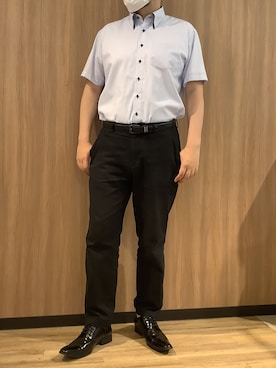 「TOKYO SHIRTS（トウキョウシャツ）の【Layered Cool】【吸水速乾】 形態安定ノンアイロン ボタンダウン 半袖ビジネスワイシャツ（ビジネスシャツ、ブルー系）」を使った、BRICK HOUSE シャツ工房 浜松メイワン店さん（メンズ・182cm）の夏コーディネート