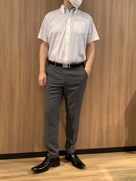 「TOKYO SHIRTS（トウキョウシャツ）の【吸水速乾】 形態安定ノンアイロン ボタンダウン 半袖ビジネスワイシャツ（ビジネスシャツ、レッド系）」を使った、BRICK HOUSE シャツ工房 浜松メイワン店さん（メンズ・182cm）の夏コーディネート