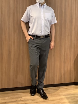 「TOKYO SHIRTS（トウキョウシャツ）の【吸水速乾】 形態安定ノンアイロン ボタンダウン 半袖ビジネスワイシャツ（ビジネスシャツ、ブルー系）」を使った、BRICK HOUSE シャツ工房 浜松メイワン店さん（メンズ・182cm）の夏コーディネート