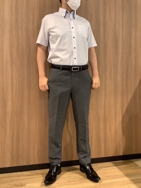 「TOKYO SHIRTS（トウキョウシャツ）の【超形態安定】【吸水速乾】 形態安定ノンアイロン ボタンダウン 半袖ビジネスワイシャツ（ビジネスシャツ、ブルー系）」を使った、BRICK HOUSE シャツ工房 浜松メイワン店さん（メンズ・182cm）の夏コーディネート