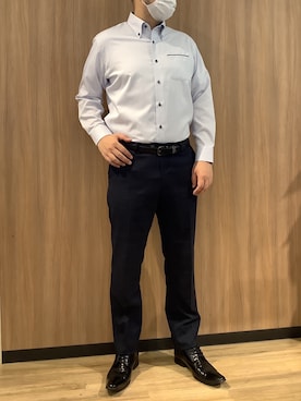 「TOKYO SHIRTS（トウキョウシャツ）の形態安定ノンアイロン ボタンダウン 長袖ビジネスワイシャツ（ビジネスシャツ、ブルー系）」を使った、BRICK HOUSE シャツ工房 浜松メイワン店さん（メンズ・182cm）の春コーディネート