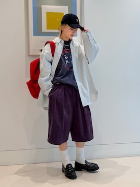 「BEAMS BOY（ビームスボーイ）の【別注】Gramicci / コーデュロイ ワイド ショートパンツ（その他パンツ、パープル系）」を使った、Heg.さん（レディース・159cm）の夏コーディネート